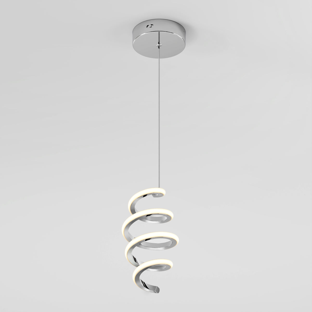 The Artika Chorus 1-light LED pendant features a chrome mount and a spiral LED design suspended by a single cord, shown against a plain white background.