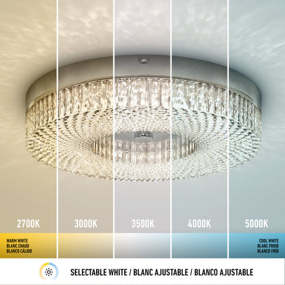 FM Lysara 15 in. LED Fashion Flush Mount Ceiling Light 5 CCT shown in five color temperature settings ranging from warm to cool white.