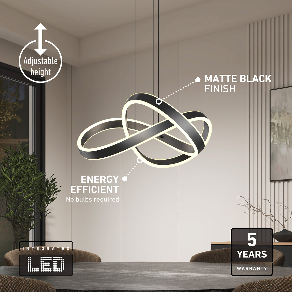 The Artika Bolero LED Pendant Light 5 CCT with matte black finish features interlocking rings, adjustable height, integrated energy-efficient LED, a 5-year warranty, and suits contemporary rooms.