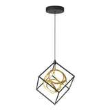 A modern pendant light featuring a black cube-shaped frame with interlocking gold rings suspended inside, hanging from a black ceiling mount by a black cord.