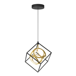 The Artika Mini Luxury LED pendant light features a black square frame with intertwined gold rings inside, suspended from a black ceiling mount by a single cord.
