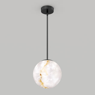 The Selena LED contemporary pendant light by Artika features a black rod and a round, marble-patterned white glass shade, hanging from a ceiling mount against a plain light gray background.