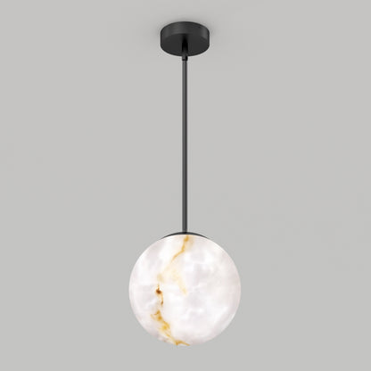 The Selena LED contemporary pendant light by Artika features a black rod and a round, marble-patterned white glass shade, hanging from a ceiling mount against a plain light gray background.