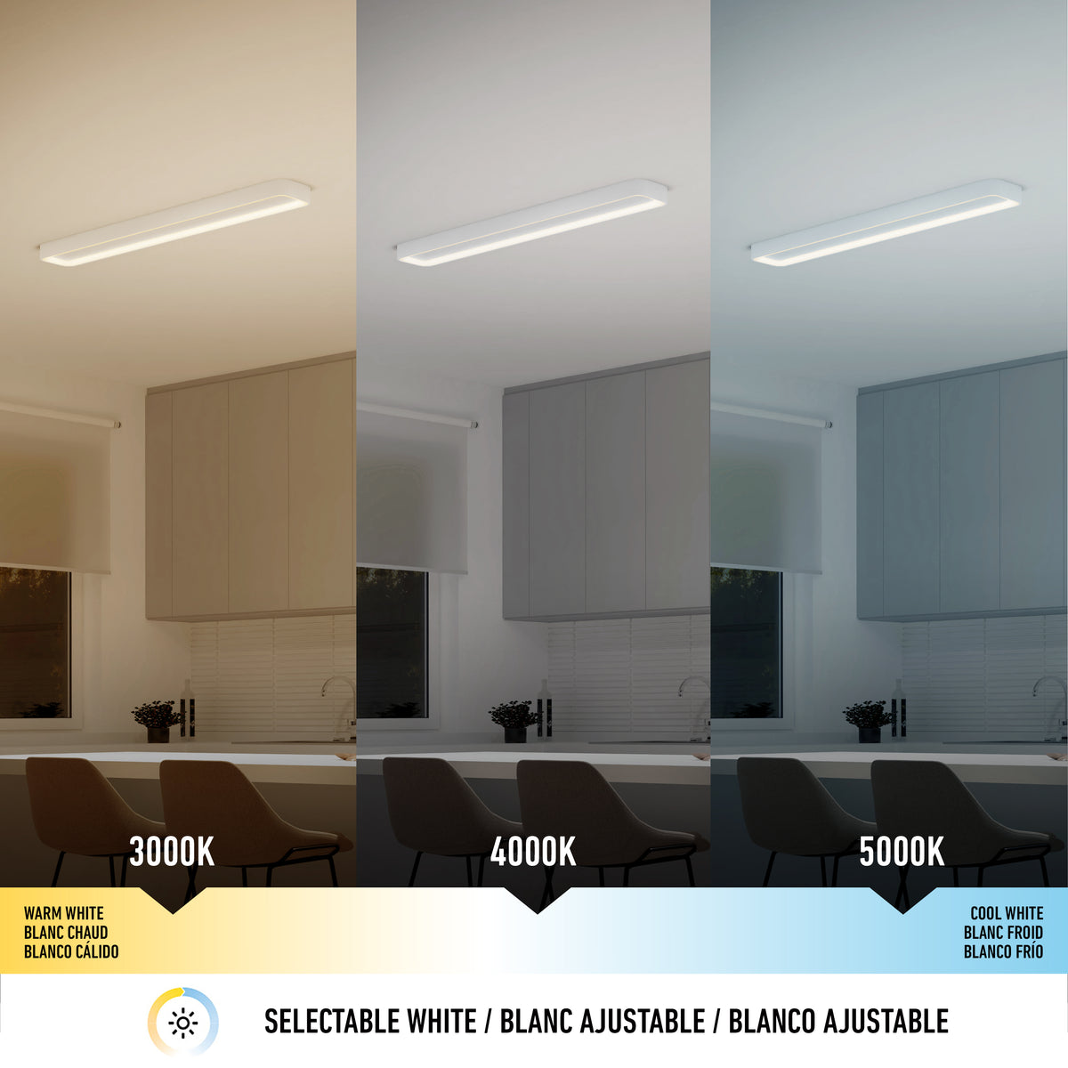 A kitchen is shown under three different light temperatures: warm white (3000K), neutral white (4000K), and cool white (5000K). The color of the room changes from warm to neutral to cool tones.