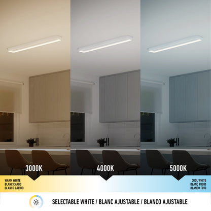 Three identical kitchens feature the Artika Aiden 48 in. LED modern flush mount light (5 CCT, matte black), shown in warm white (3000K), neutral white (4000K), and cool white (5000K) to subtly transform each room’s color.