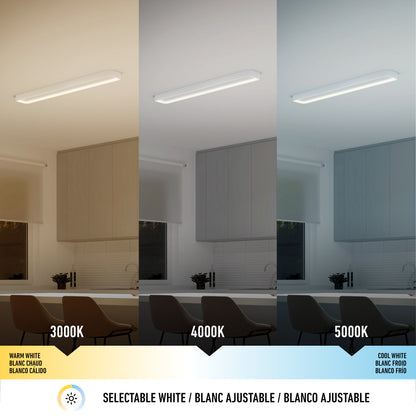 The Artika Aiden 48 in. LED modern flush mount light 5 CCT displays a kitchen in warm white (3000K), neutral white (4000K), and cool white (5000K), shifting lighting from yellowish to neutral to bluish as color temperature rises.