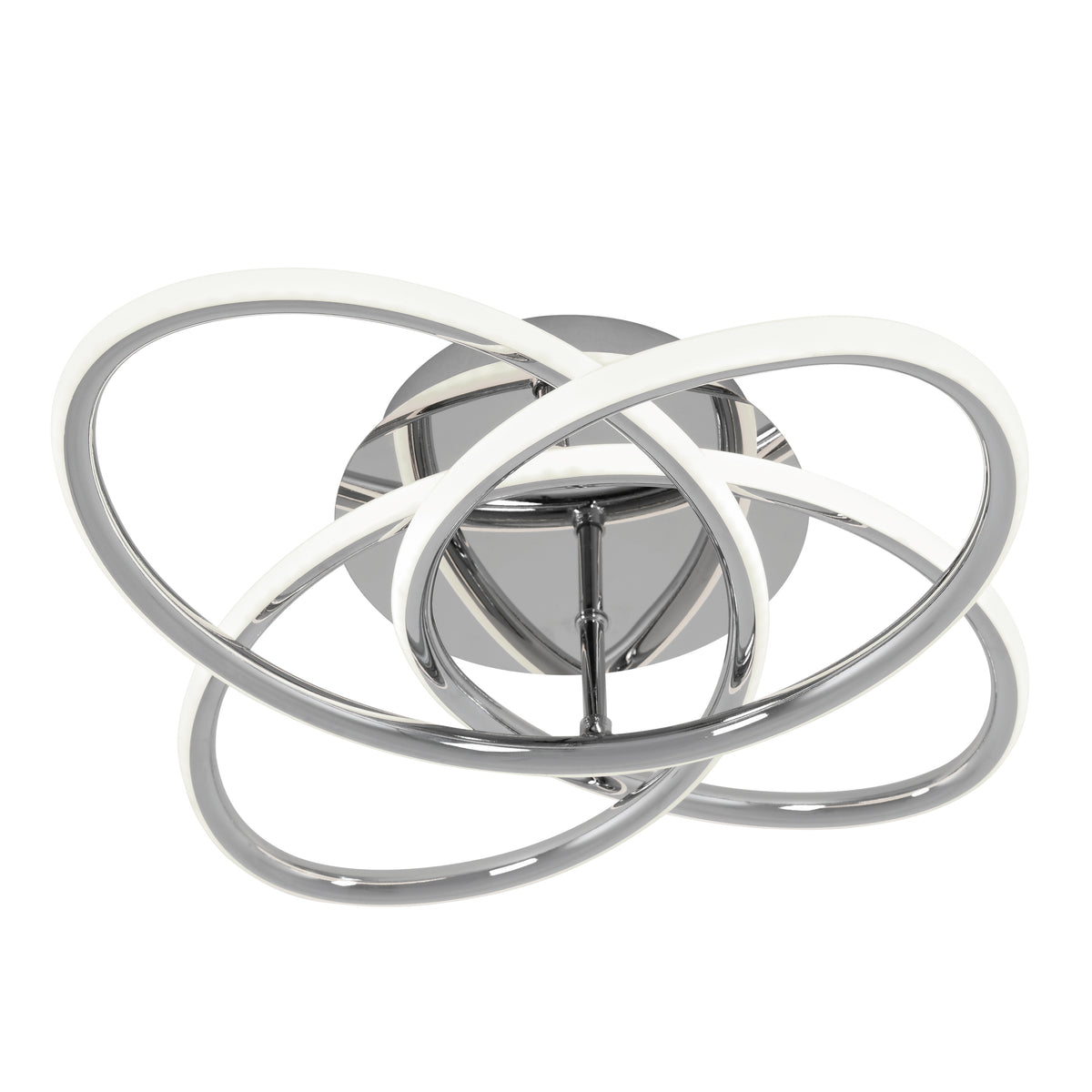 Modern ceiling light fixture with three interlocking, chrome-finished oval rings and integrated LED strips, mounted on a round base.